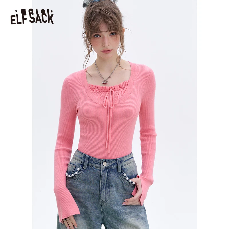 ELFSACK 2024 Winter New Arrivals Pink Square Neck Drawstring Slim Fit Knit Pullover Women