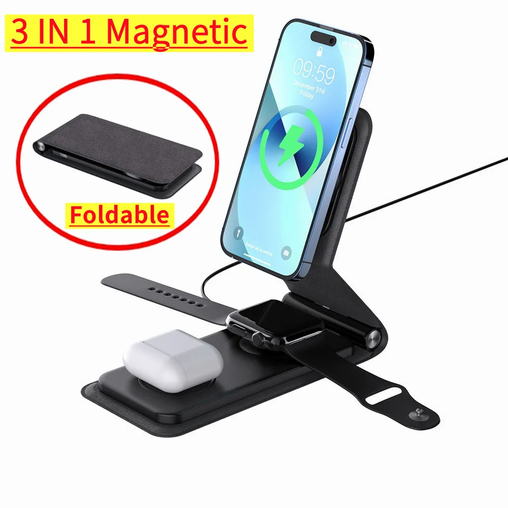 Magnetic Wireless Chargers Dock Station 3 in 1 Foldable Fast Charging Stand For iPhone 15 14 13 Pro Max Apple Watch Airpods Pro