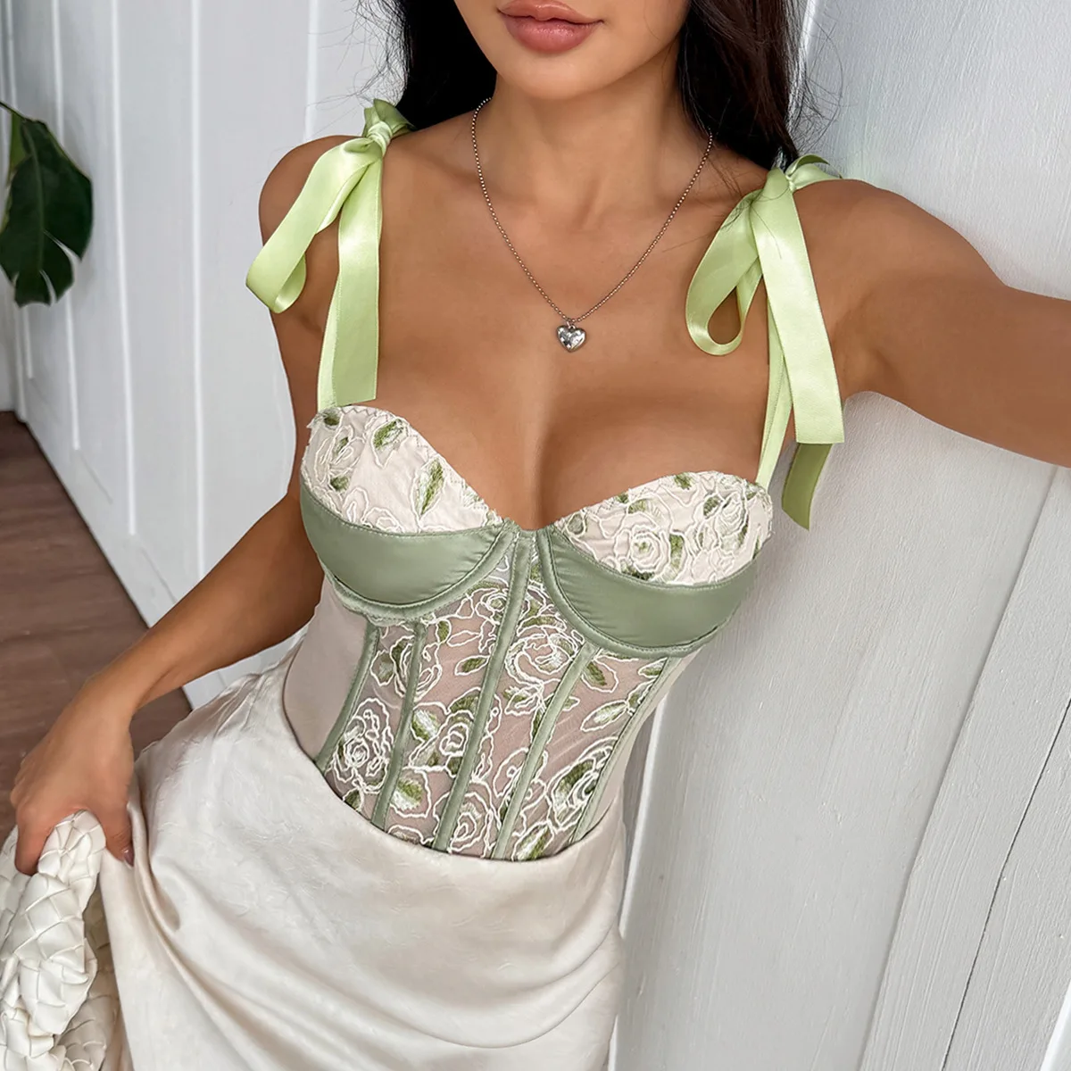 

2025 Women Bodysuit Female Body Streetwear Leotard Sexy Skinny Floral Mesh Embroidery Delicate Tie Style Slim Fit Bodysuit