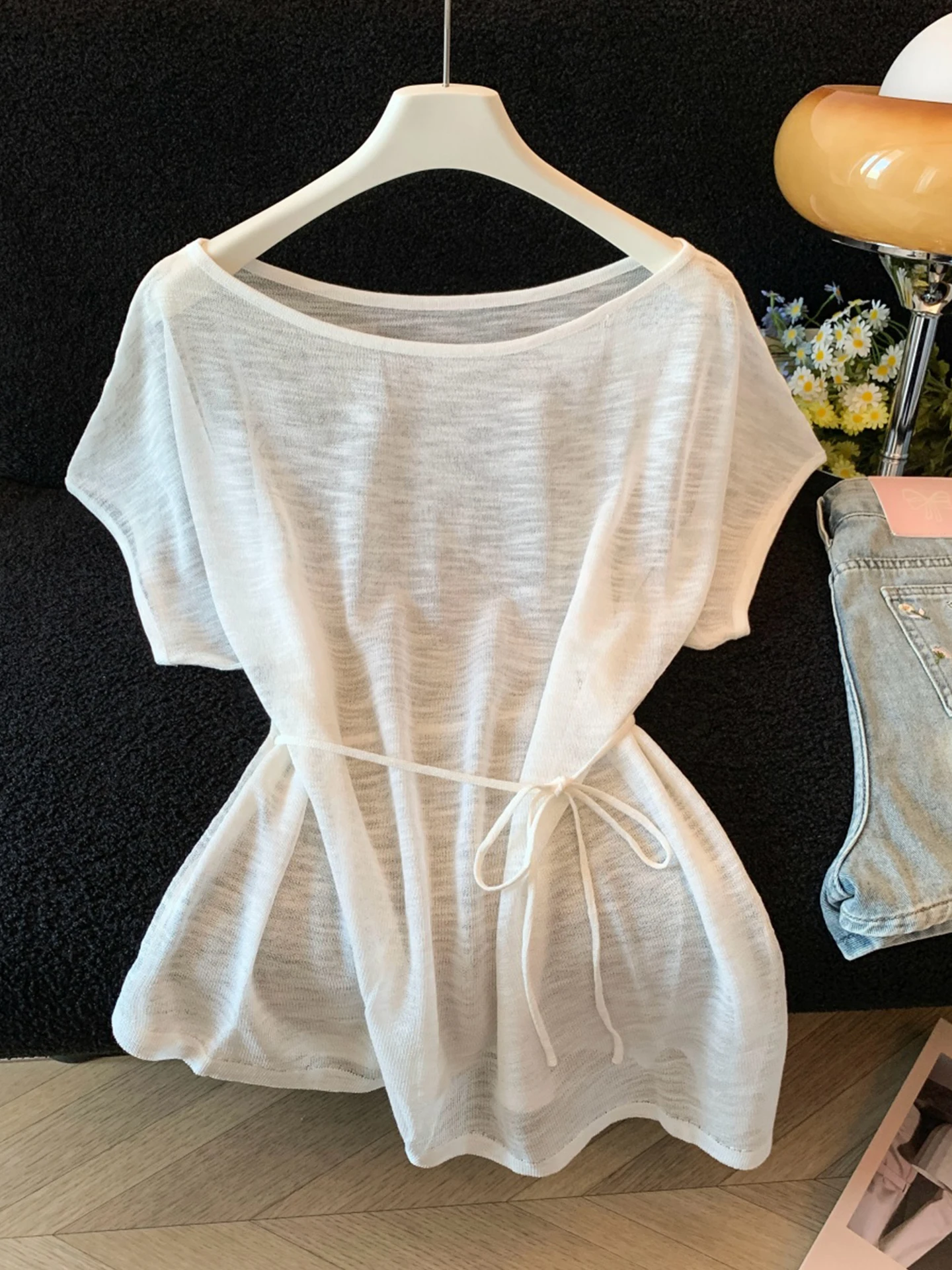 Summer Thin Ice Silk Knitted Short Sleeve T-Shirt Women's Lazy Loose Style Cool Feeling Transparent Waist Cinched Top