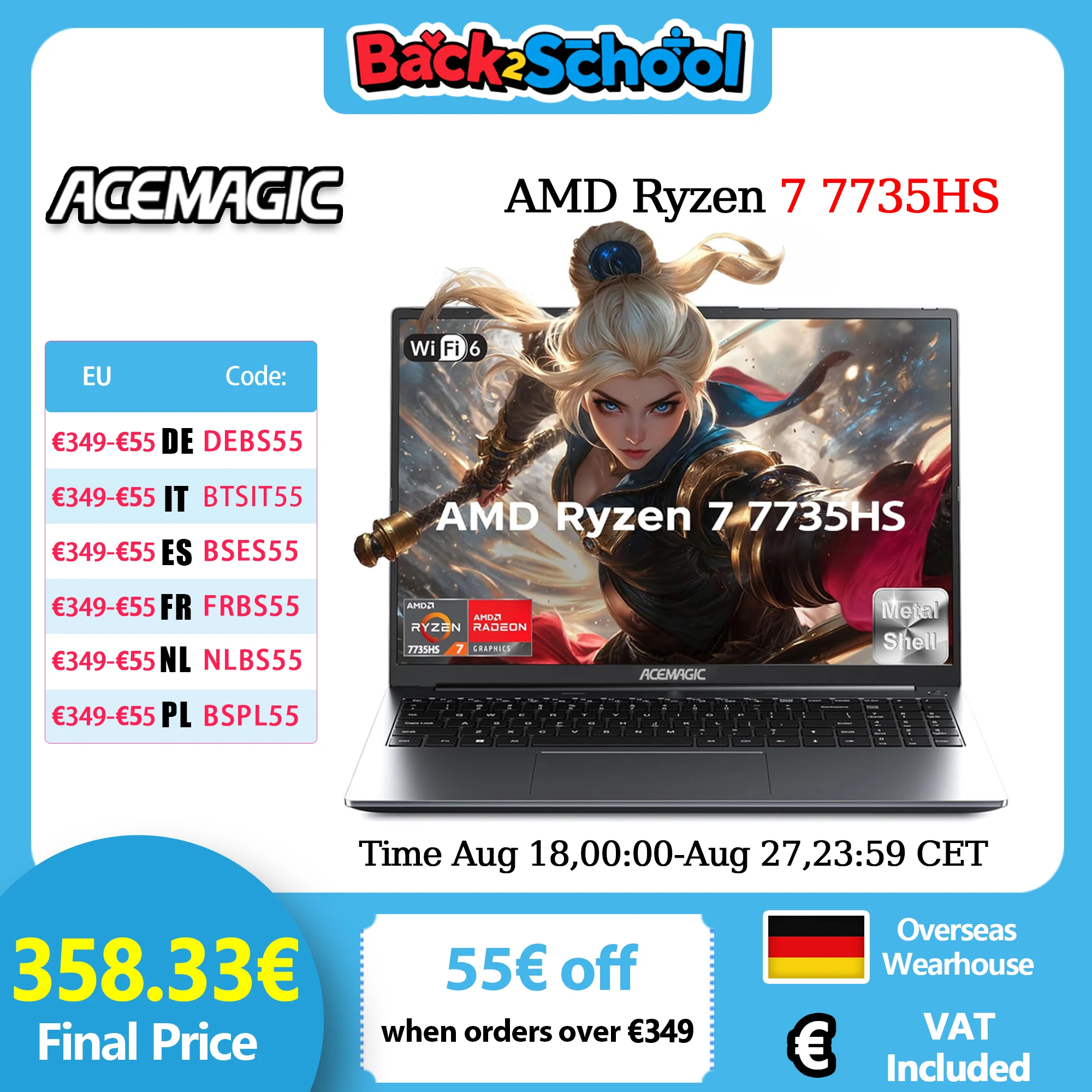 Ordenador portátil para juegos ACEMAGIC con pantalla FHD de 16 pulgadas, procesador AMD Ryzen 7 7735HS, 16 GB de RAM, DDR5 a 4800 MHz, SSD de 512 GB.