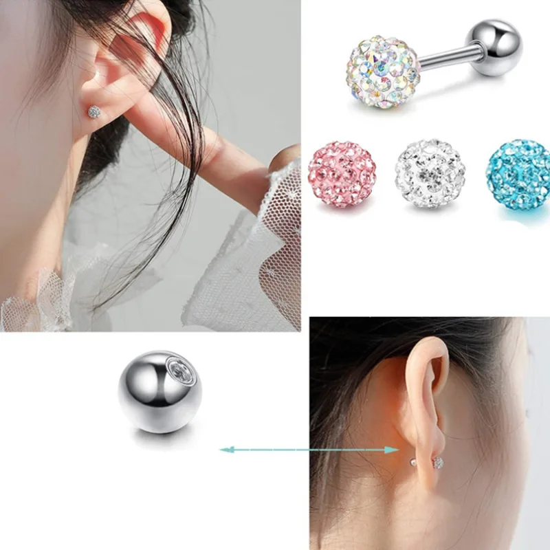 Beautiful Crystal Round Ball Screw Stud Earrings For Women Stainless Steel Cartilage Tragus Piercings Jewelry Size 3/4/5mm