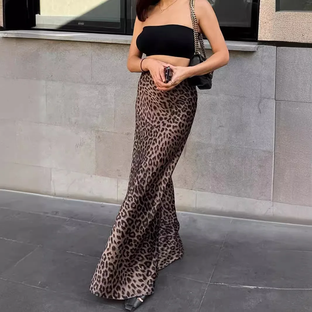 

Women Sexy Leopard Midi Skirt High Waist Fashion Animal Print Long Skirts 2024 Summer Casual Girls Streetwear Mermaid Skirts