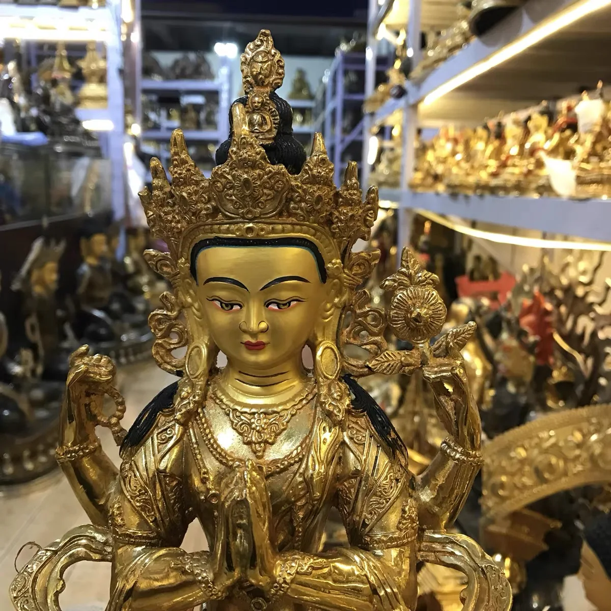 30CM large GOOD Buddhist supplies Temple buddha statue Buddhism Family Four armed Guanyin Gold plating copper