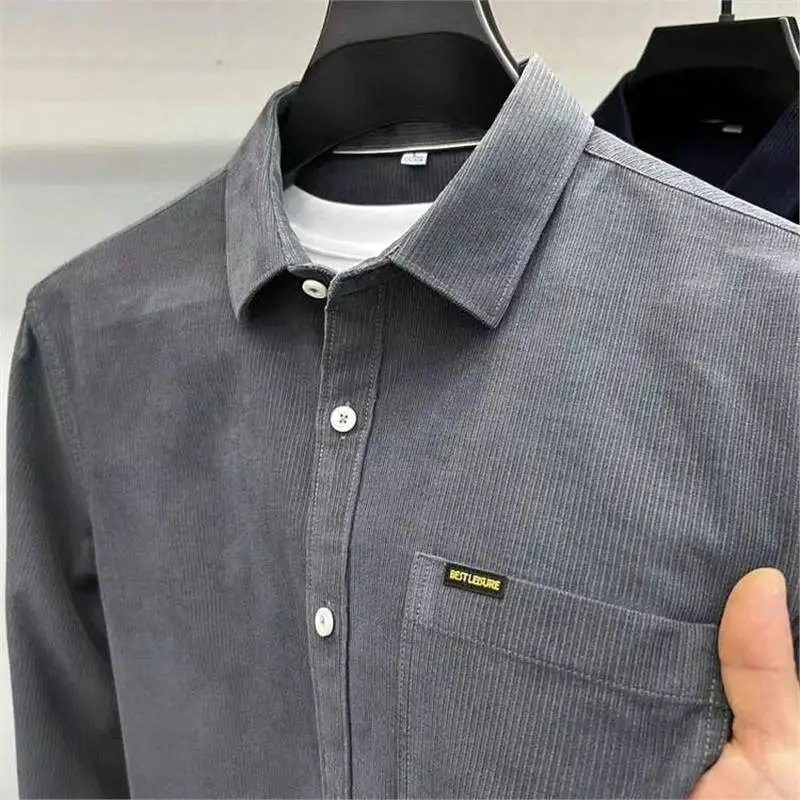 

Corduroy Long Sleeve Shirt Men's Casual Versatile Spring Autumn Business Shirt Standard Fit Youthful Style Easy Care Polyester
