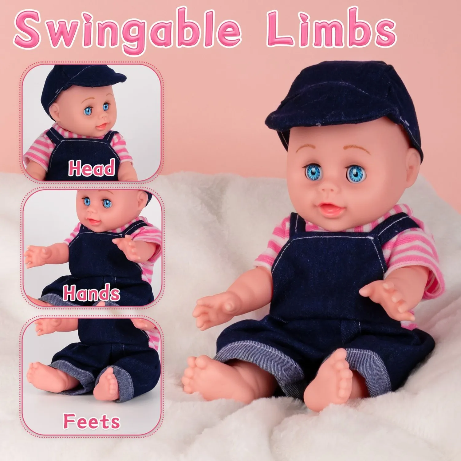 12인치 실물 같은 전신 아기 인형 |   파란색 작업복과 모자 |   젖병, 젖꼭지, 기저귀 포함 |   교육용 역할놀이 장난감
