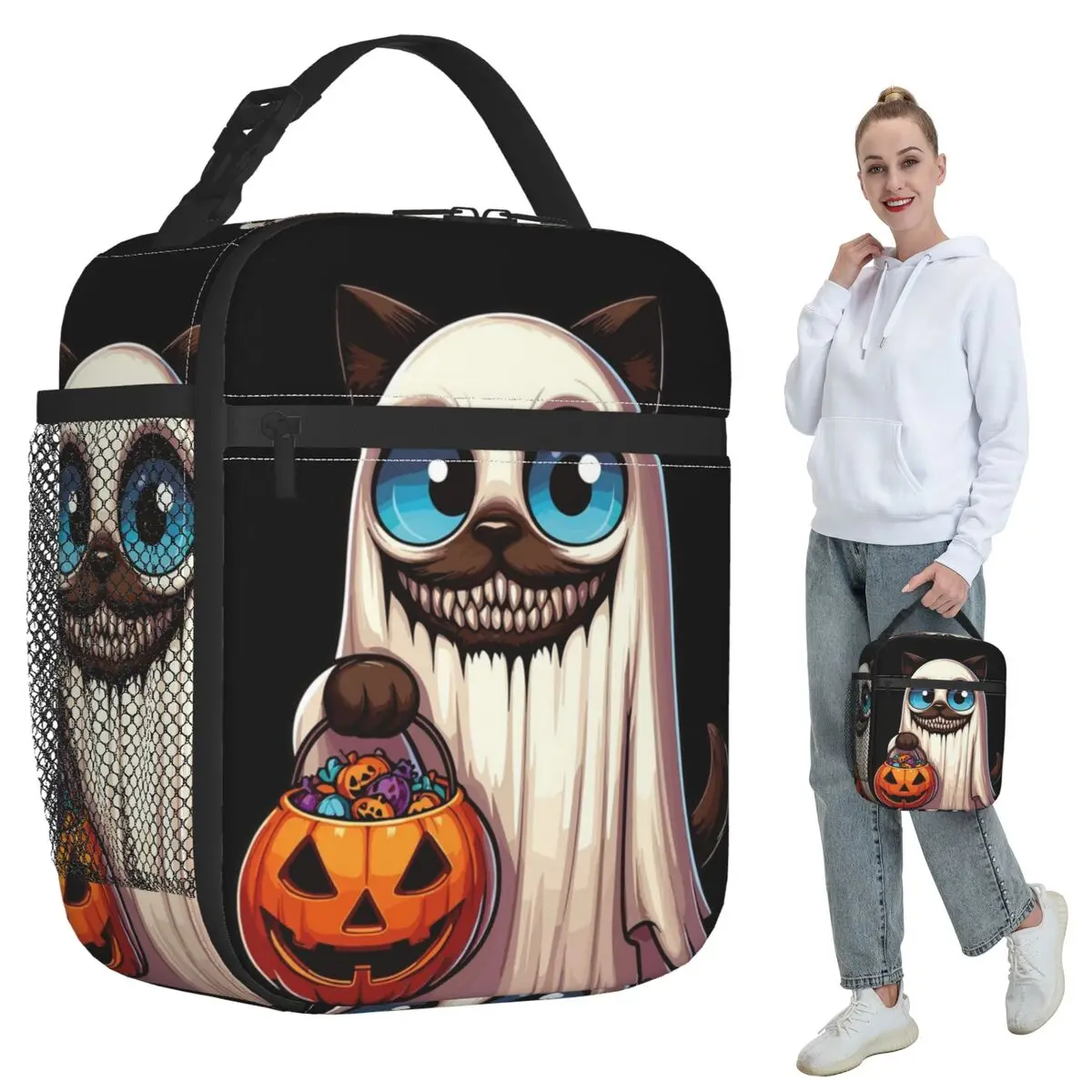 Siamese Cat Scary Halloween Ghost Spooky Pumpkin Candy Insulated Lunch Bag Thermal Food Box Tote Portable Lunch Boxes Container