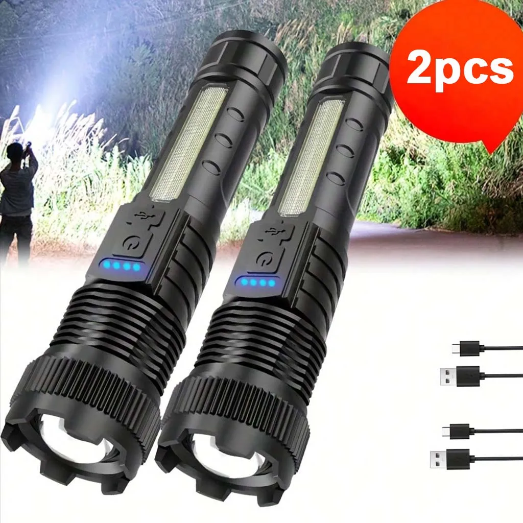 2/1Pcs Super Bright LED Flashlight USB Rechargeable COB Side Light Zoomable Tactical Torch with Power Display for Outdoor Camping Emergency Home Use
