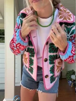 2025 Winter Women's Flower Print Parkas Lapel Single-breasted Long Sleeve Pocket Quilted Coat Female Vintege Lady New in Outwear 4