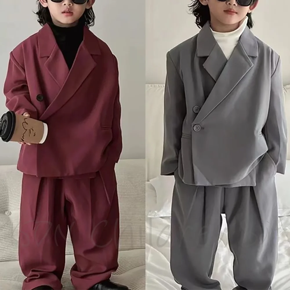 

Casual Loose Child Boys Suit Notch Lapel Solid Color Kids Boy Clothing 4 to 6 Years Festive Costume Suit Set Two Pieces