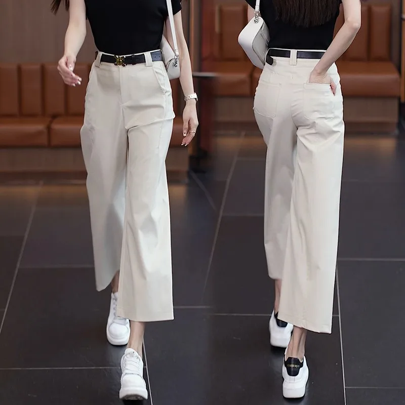 

Женские летние брюки с высокой талией, свободные, повседневные, широкие, из тонкого ледяного шелка и хлопка, прямые, укороченные (7/8)