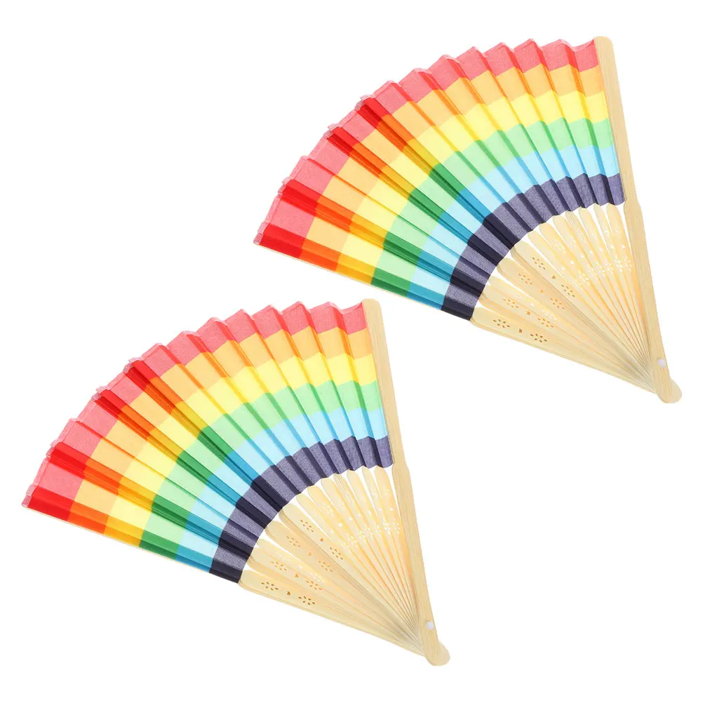 2pcs Folding Bamboo Frame Rainbow Hand Cloth For Wedding Party Decor Handheld Festival Prop Gift Lightweight