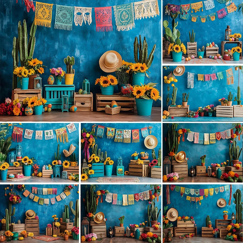 

LS Mexican Carnival Backdrop Photography Cake Smash Party Kids Adult Portrait Photo Background Cactus Colorful Flag Decor Props