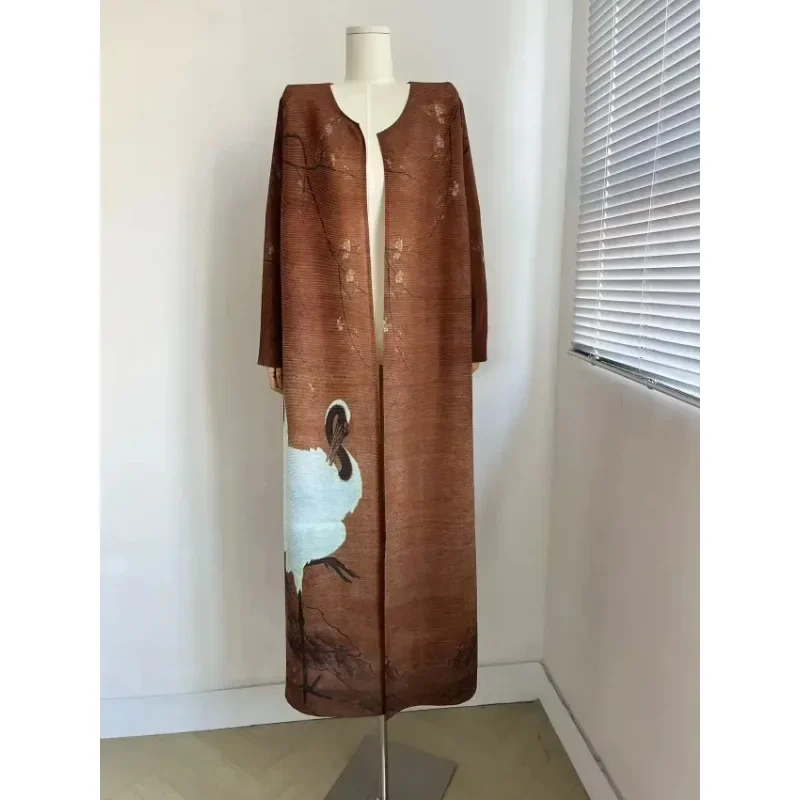 Miyake Pleated Women's Long Coat Autumn/Winter New Vintage Animal Print Dark Brown Cardigan Dress Loose Plus Size Robe