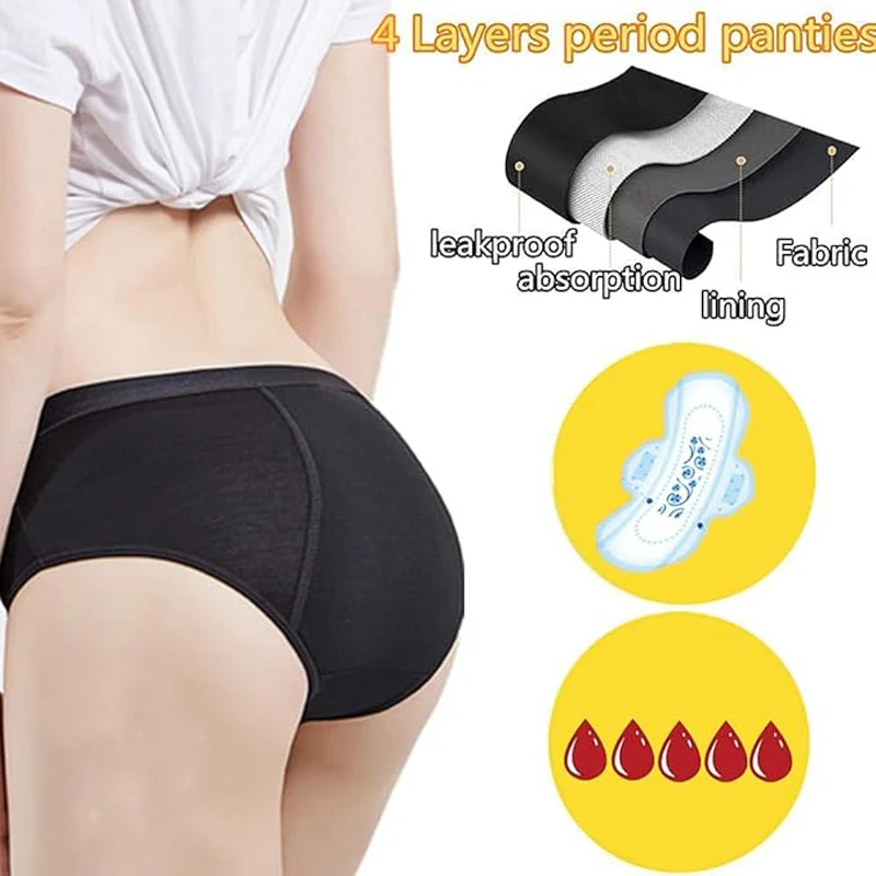 3dílné dámské menstruační kalhotky pro silný tok, 4vrstvé savé nepromokavé fyziologické hygienické kalhotky, plus velikost - náhled 2