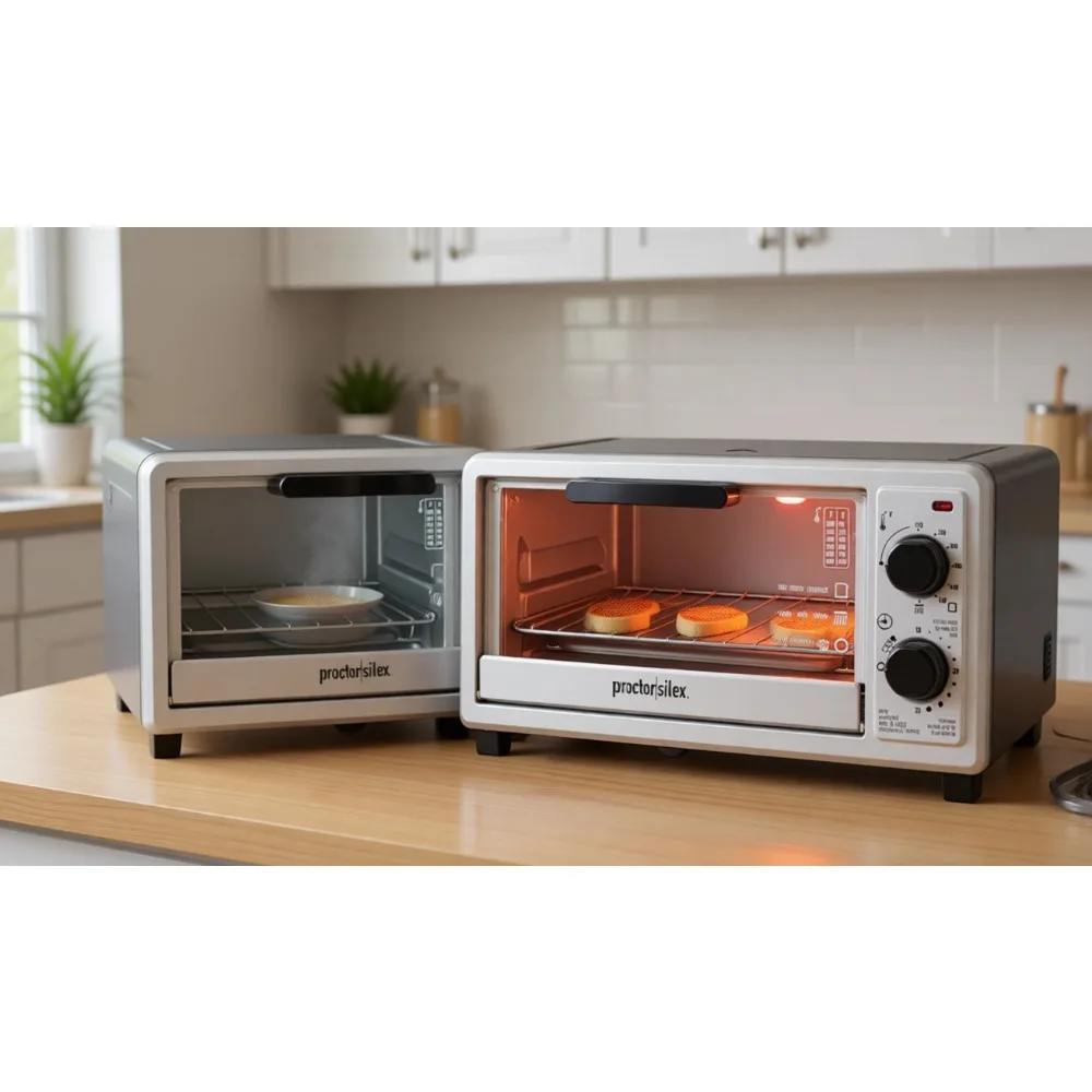 Horno Tostador Multifunción de Encimera de Cuatro Rebanadas con Funciones de Hornear, Tostar y Asar, 1100W, Temporizador, Apagado Automático, Rejilla para Pan