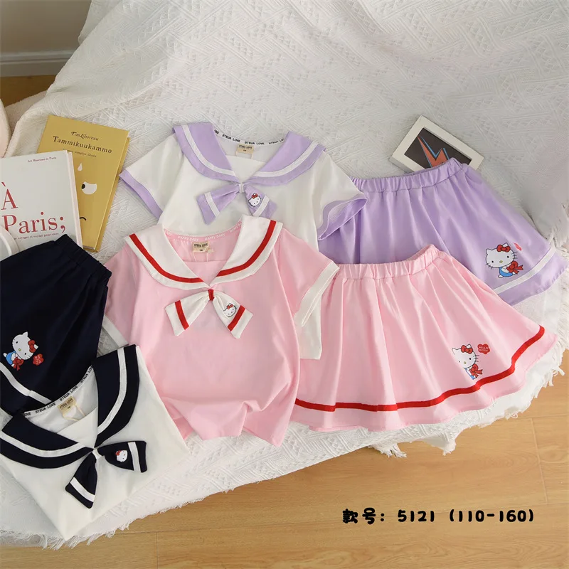 Kawaii Hello Kitty Navy Collar College Style Children Summer Dress 2Pcs Casual Kid Girl Short Sleeves T-Shirt Pleated Skirt Suit