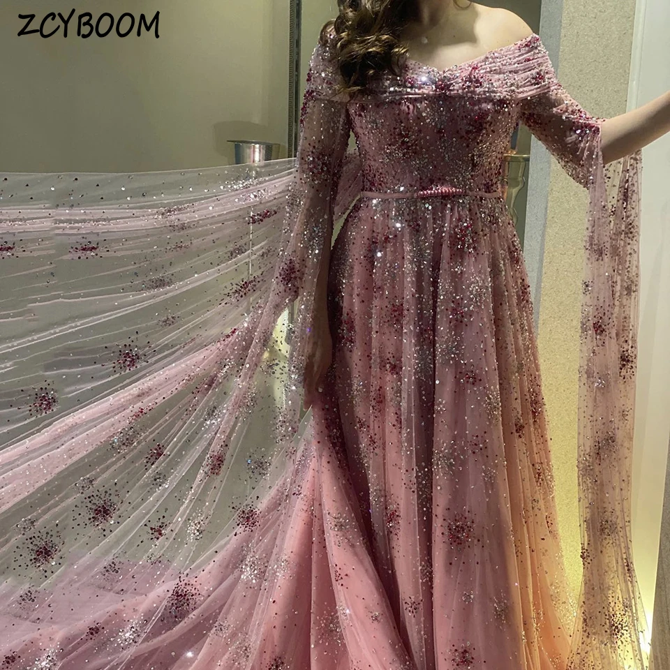 Charmante robe de soirée en tulle à paillettes brillantes rose, col bateau, ligne A, longueur au sol, train de balayage, sur mesure, fermeture éclair, robe de Rh, 2025