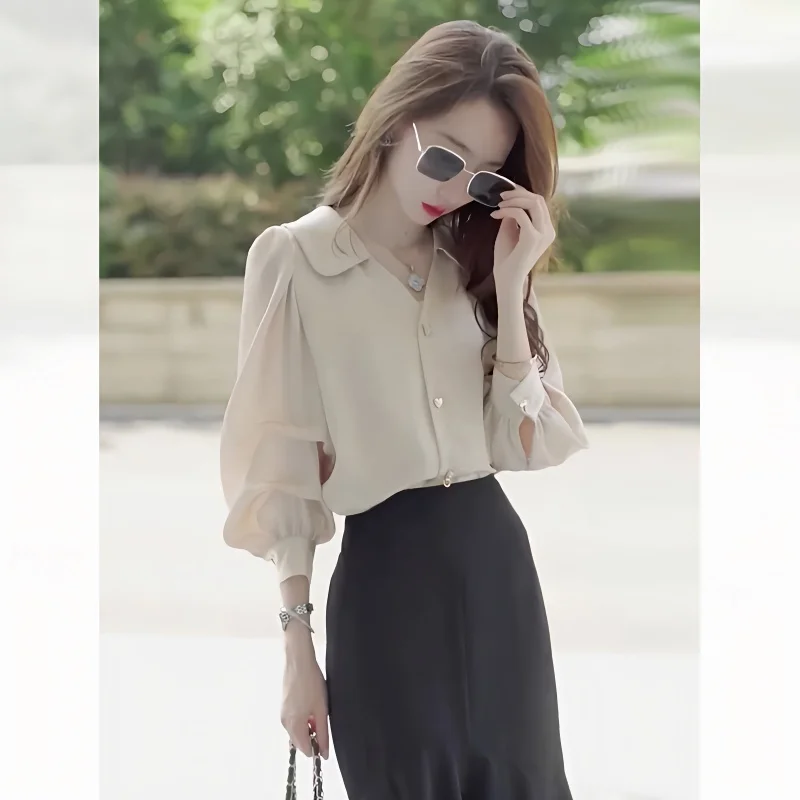 

Long Sleeve Shirts Women Striped Buttoned Tops Lantern Sleeves Pleated Hem Slim Fit Polka Dot Preppy Feminine Retro French Style