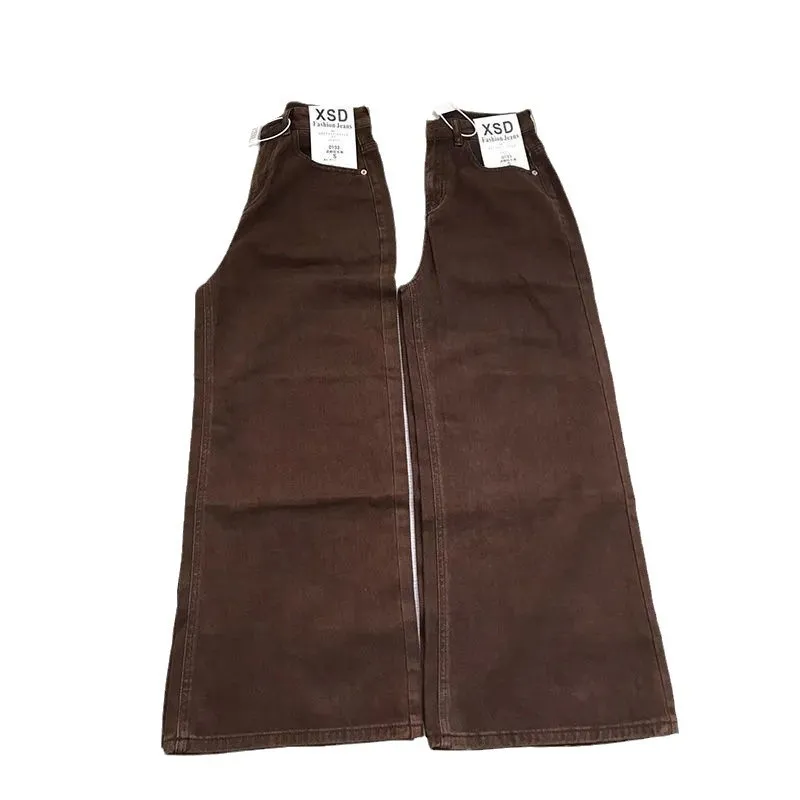 Damskie jeansy retro na jesień i zimę, nowe, z wysokim stanem, luźne, uniwersalne, kawowe spodnie z szerokimi nogawkami, modne spodnie dżinsowe.