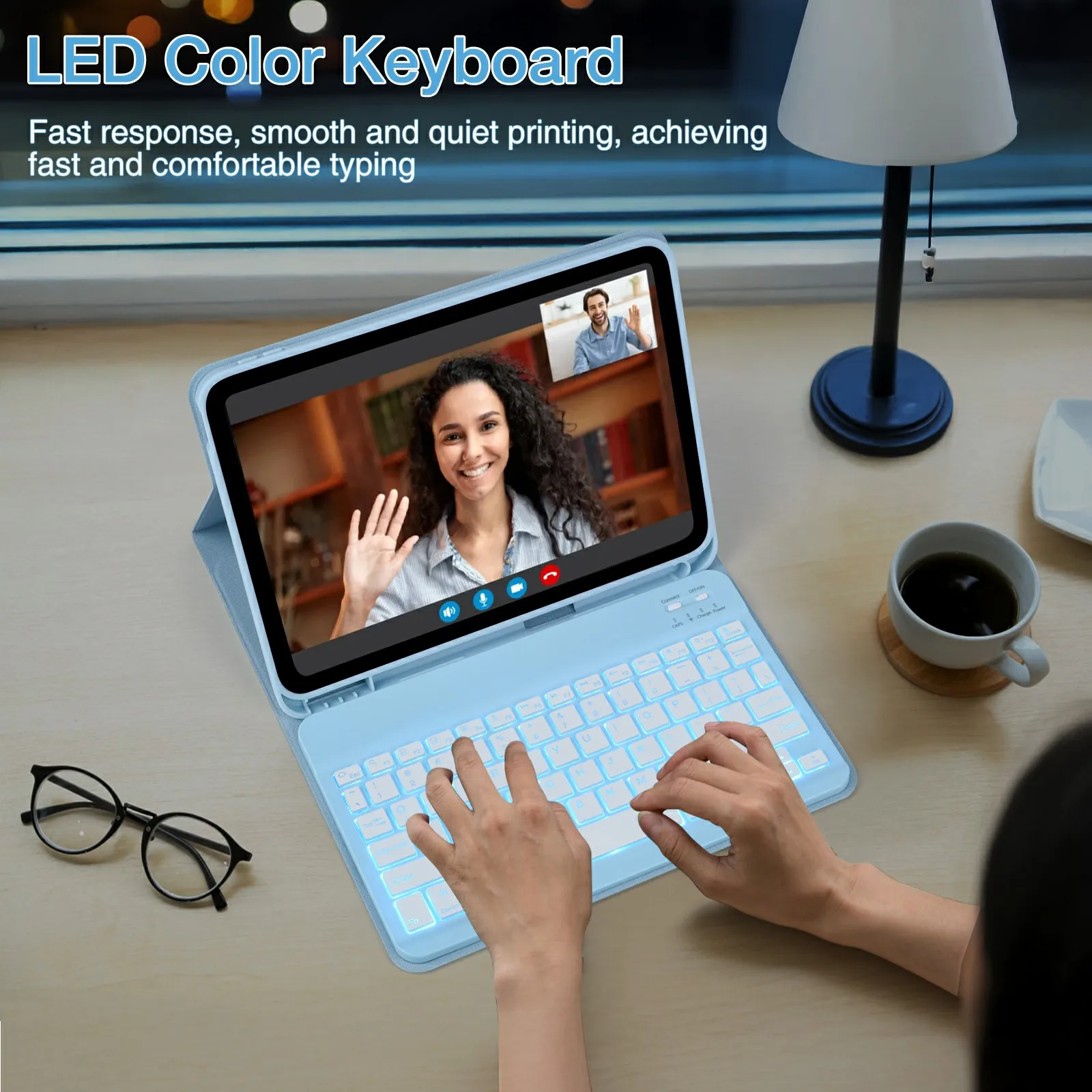 SK-1099D voor iPad (2025) / 10.9 (2022) tablethoes lederen hoes met BT-toetsenbord - hemelsblauw