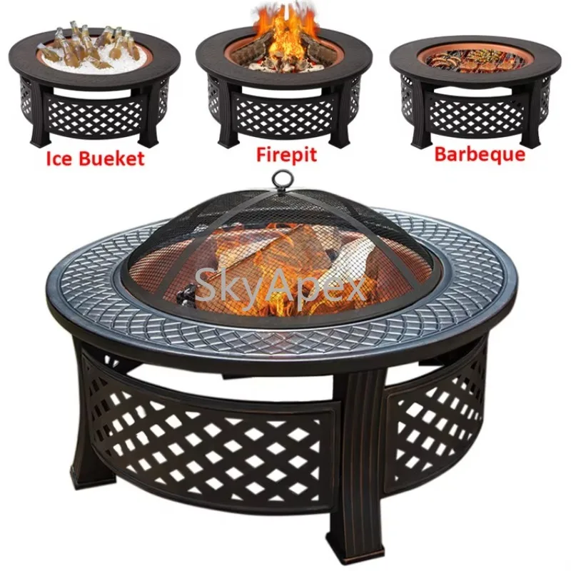

32inch 3 in 1 Wood Burning Corten Steel Fire Pit Grill Ice Bucket Table Outdoor Camping Portable Heat Resistant Backyard
