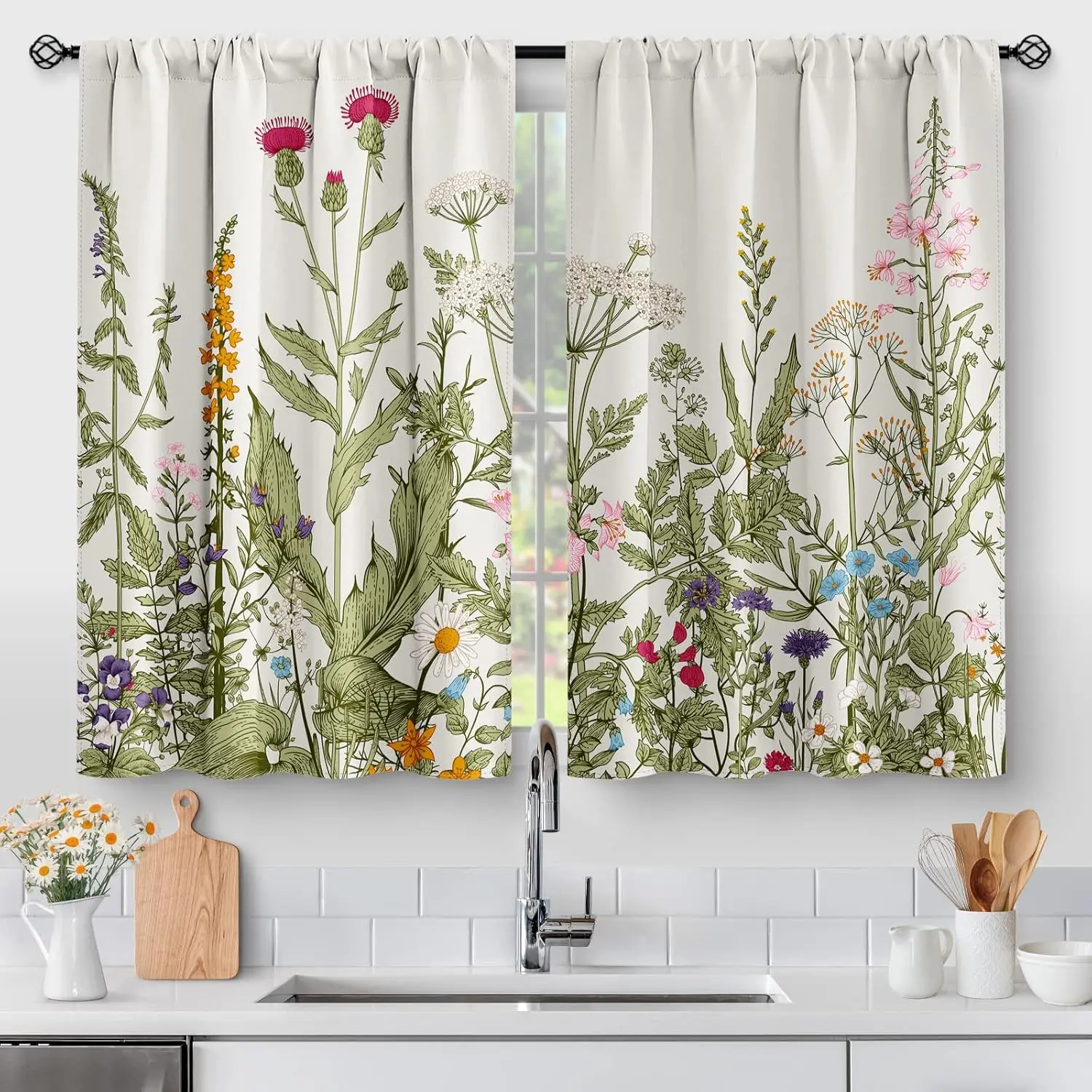 Floral Rustic Plant Kitchen Curtains - Spring Flower Botanical Vintage Farmhouse Country Green Leaves Cafe Short Tier Curtains