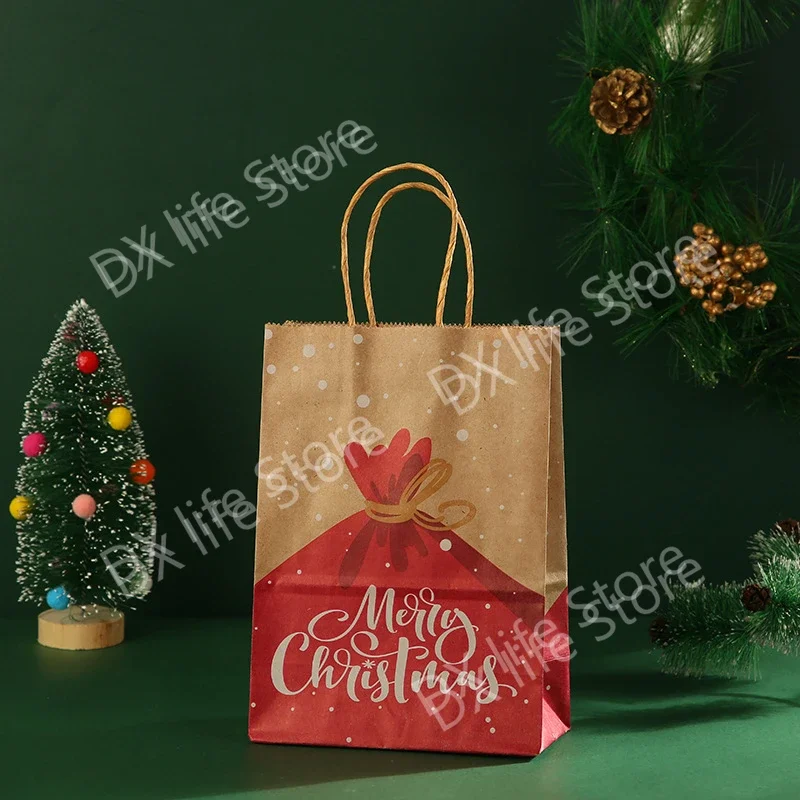 Christmas Kraft Paper Bag Santa Claus New Year Party Gift Pakcaging Handle Bag Child Favors Cookies Snack Decoration