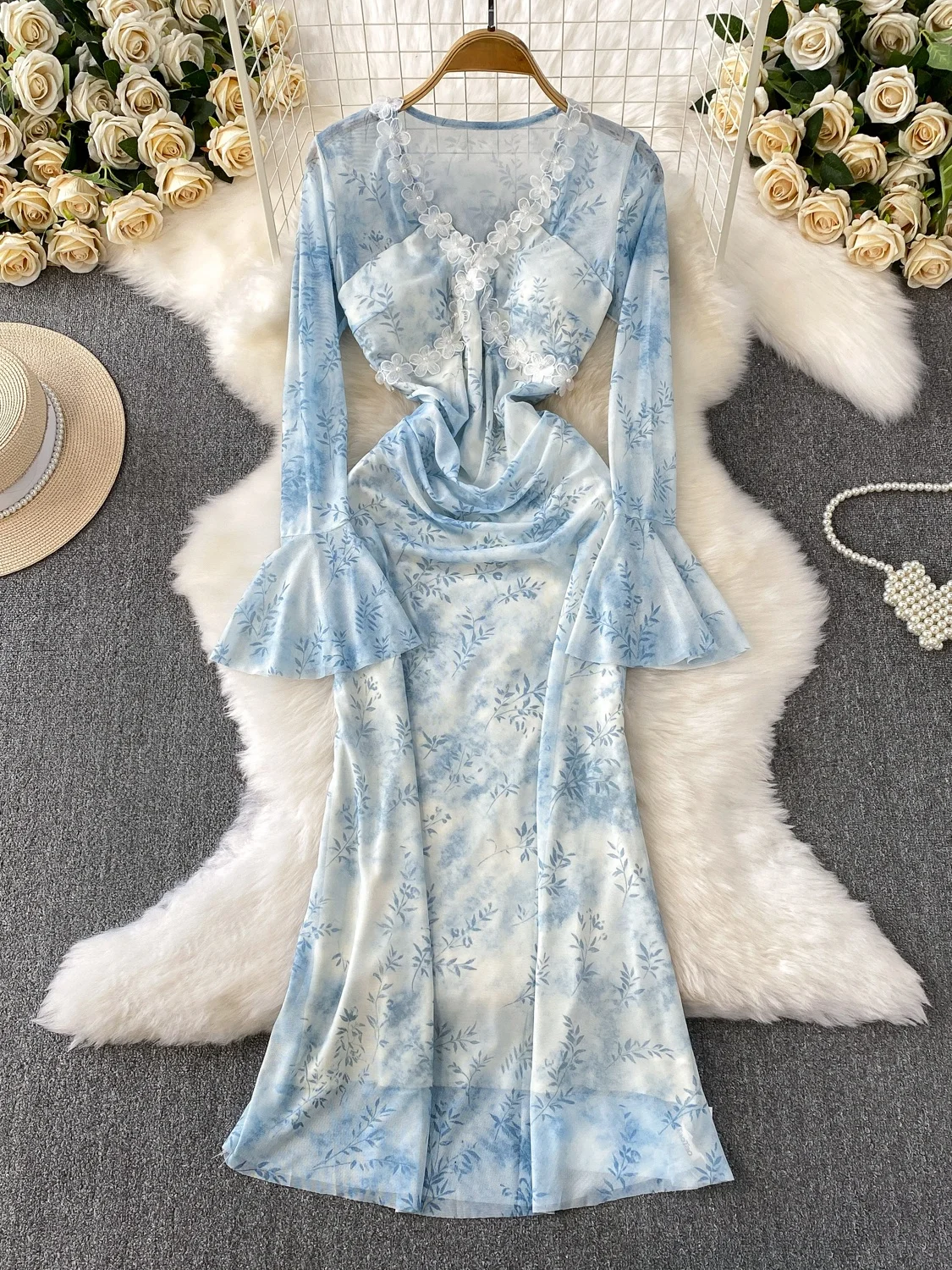 Ele v-ne Bell Sve imprimé Long Dr femme automne taille cintrée florale Nailhead Dr Faionable trajet Sle