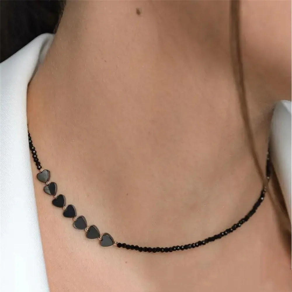 Fashionable Minimalist Black Gallstone Heart-Shaped Patchwork Crystal Beading Necklace for Women\'s Gift New2024