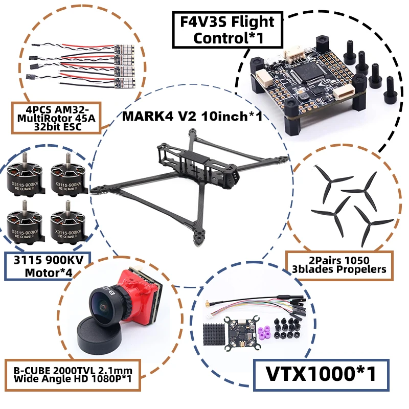 MARK4 V2 10inch F4V3S/F4V3S PLUS Flight Control 45/60A 4INI ESC Rack Drone FPV Carbon Fiber PV Racing Drone Quadcopter Freestyle view 6