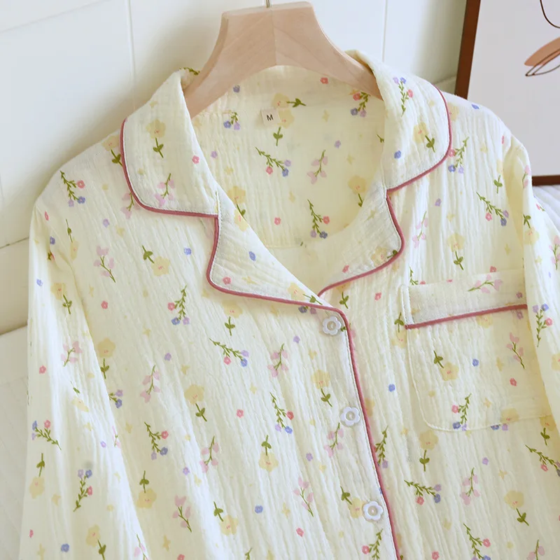 2026 الخريف كريب قطني المرأة منامة عادية لينة فضفاضة ملابس خاصة طويلة الأكمام السراويل بيجامة مجموعات ملابس الليل 2 قطعة مجموعة