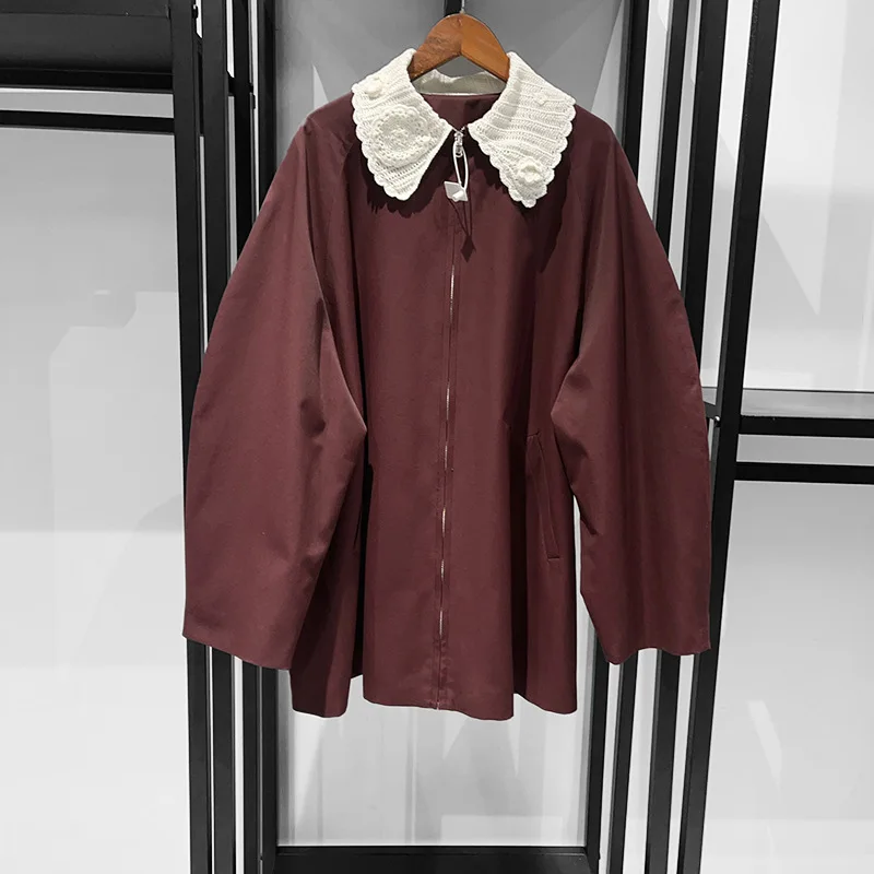 2 Colors Women's Jackets Lace Lapels Vintage Female Long Sleeve Coat  Windproof Loose Mid Long Styles 2025 Spring Women's Coat