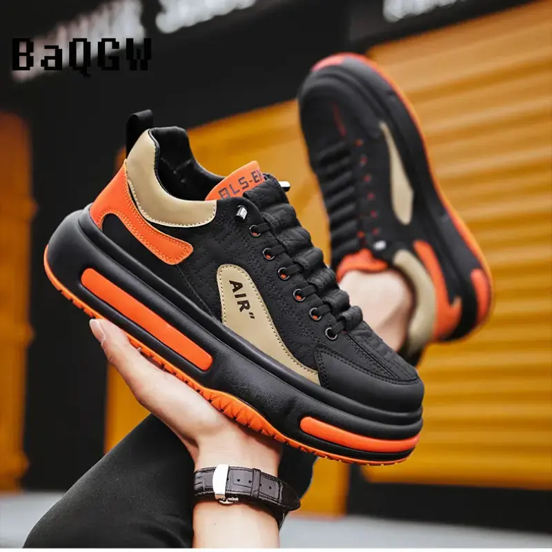 Chunky Sneakers Casual Men Spring Summer Board Shoes Fashion Leather Height Increased Flat Platform Sports Running Shoes