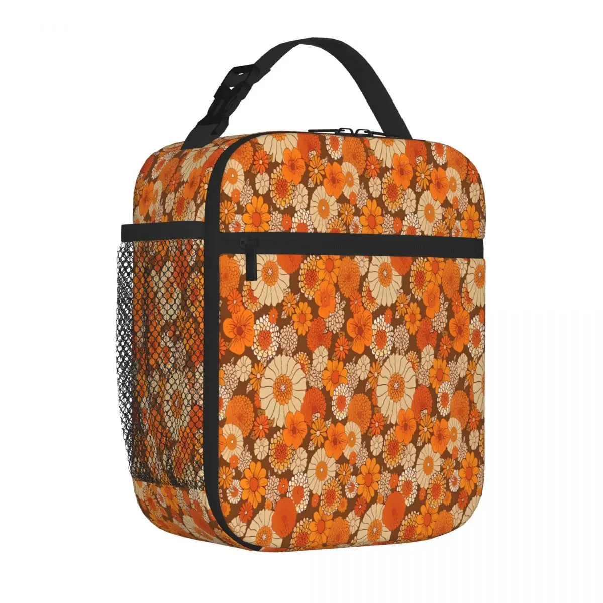 Bestselling 70s Retro Daisies Vintage Flower Power Orange And Dual Use Lunch Box Bag Airport Travel Leakproof Lunch Bag