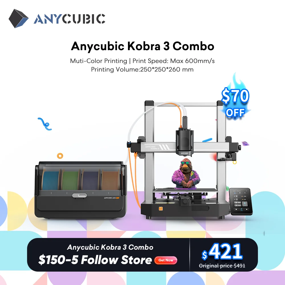 ANYCUBIC Kobra 3 Combo FDM Multi-Color 3D Printer Print in 4 to 8 Color With Max 600mm/s Printing Speed Build Size 250x250x260mm