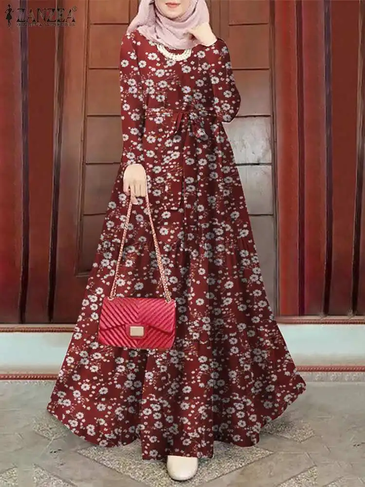 ZANZEA Women Vintage Spring Dubai Turkey Abaya Hijab Sundress Robe Femme Party Vestido Long Sleeve Floral Printed Muslim Dress