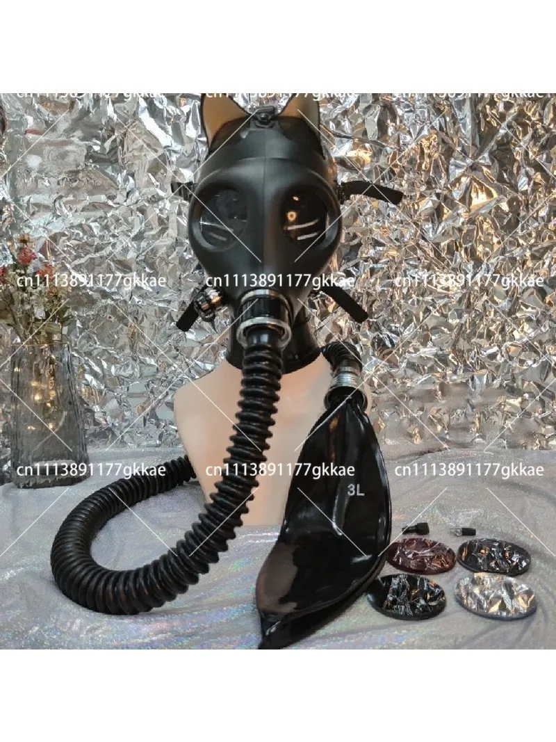 Latex gas mask breathing bag set with air control valve cosplay accessory includes free lenses