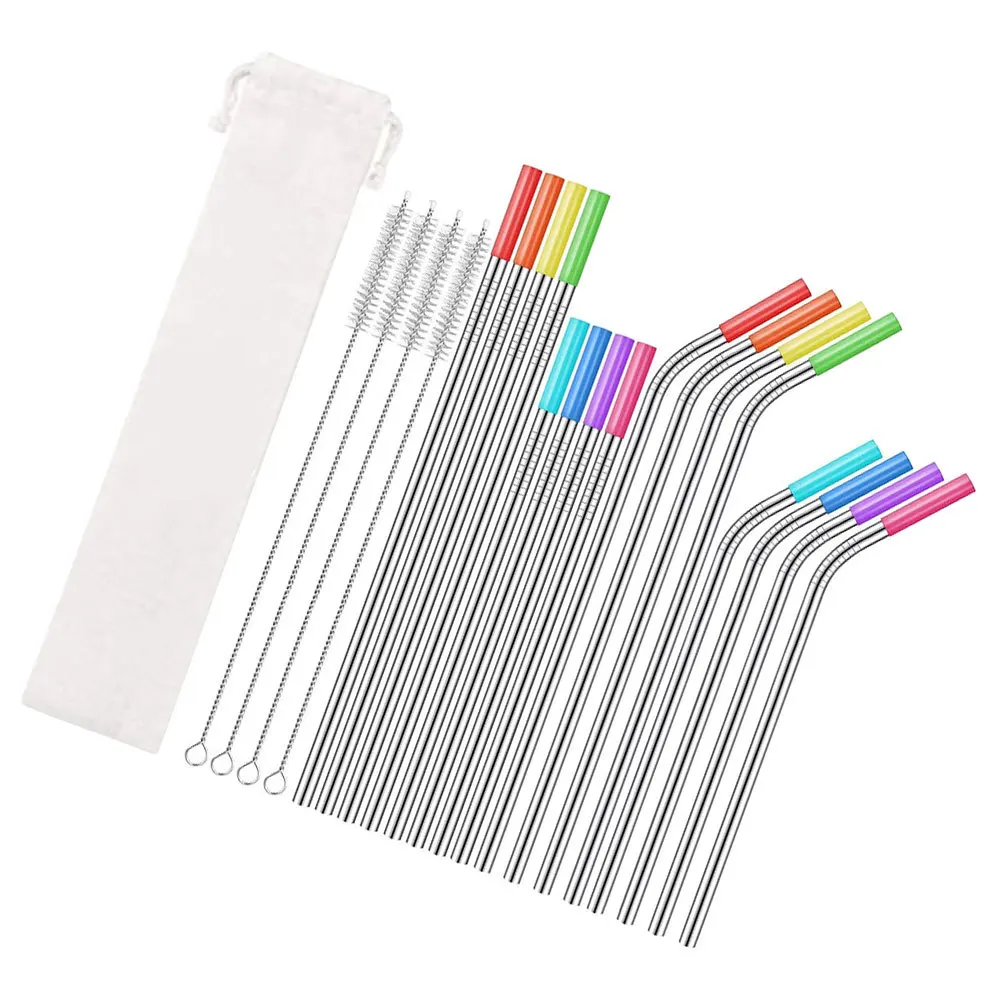 

1 set 1 Set Stainless Steel Straws 4-Piece Reusable Drinking Straws For Tumbler Wine Glass Bottle Smooth Interior Easy Clean