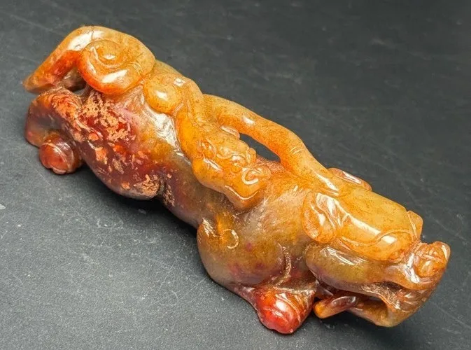 4.8'' old China Natural hetian Jade Carve fengshui dragon beast statue