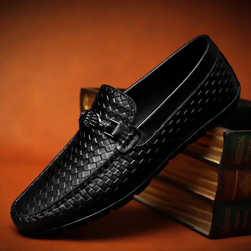 Luxury Genuine Leather Black Slip-On Loafers Shoes Breathable Comfortable Moccasins Driving Shoes Casual Shoes Mens Dress Shoes