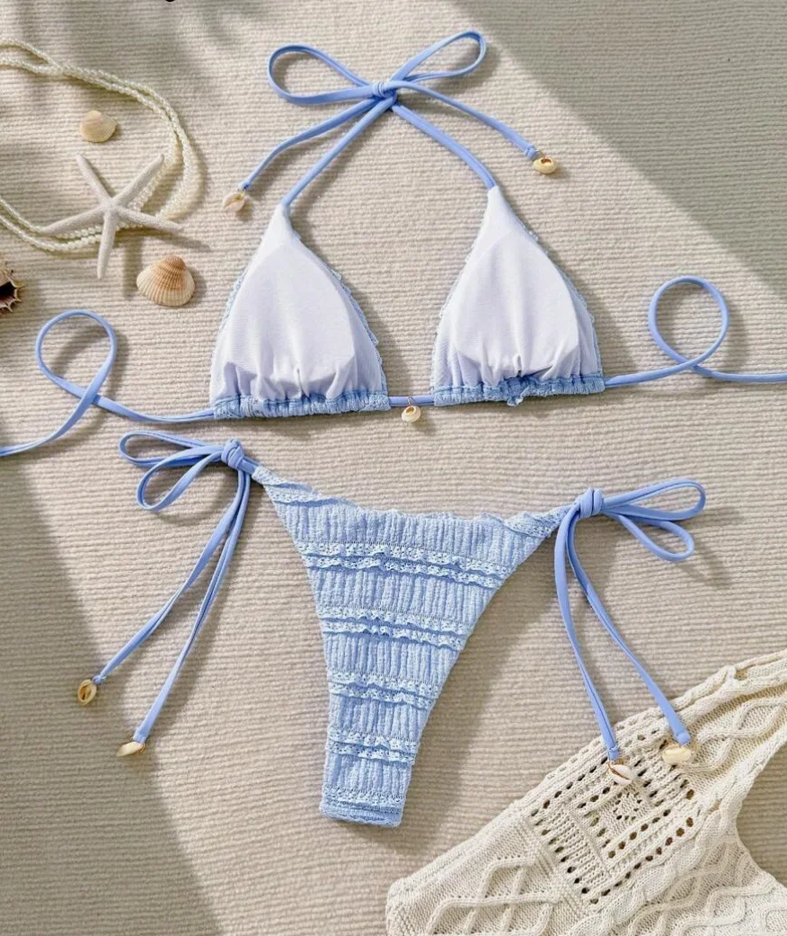 2025 Summer Beach Vacation Women's Sweet Style Strap Top Bikini Swimsuit with Wrinkle Solid Color Swimsuit Three Point Style