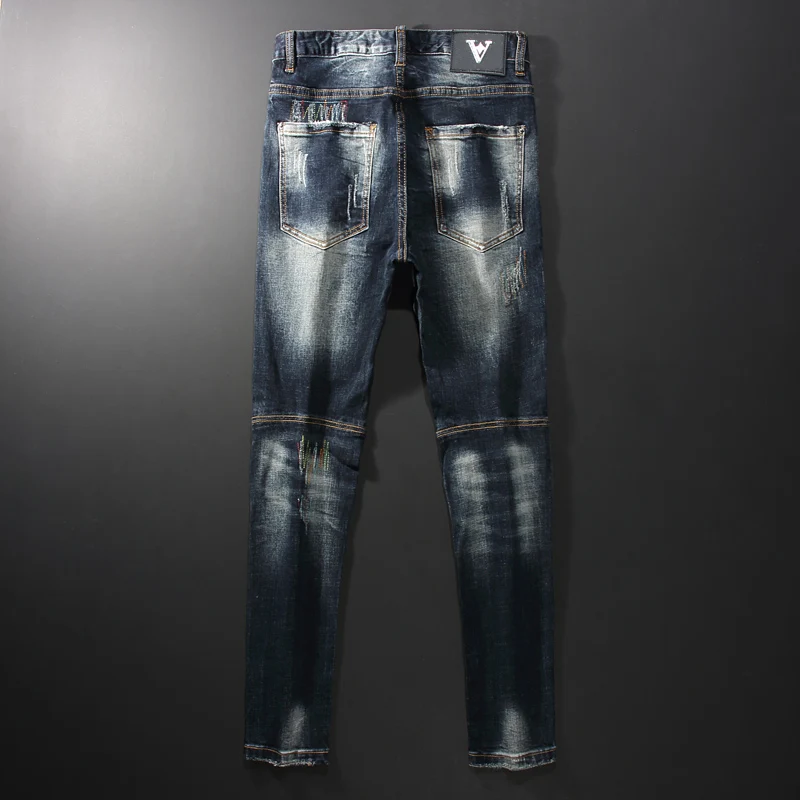 Jeans Slim Fit Split pour hommes, pantalons en denim résistants, bleu et noir, mode de rue vintage, haute qualité, zones bre