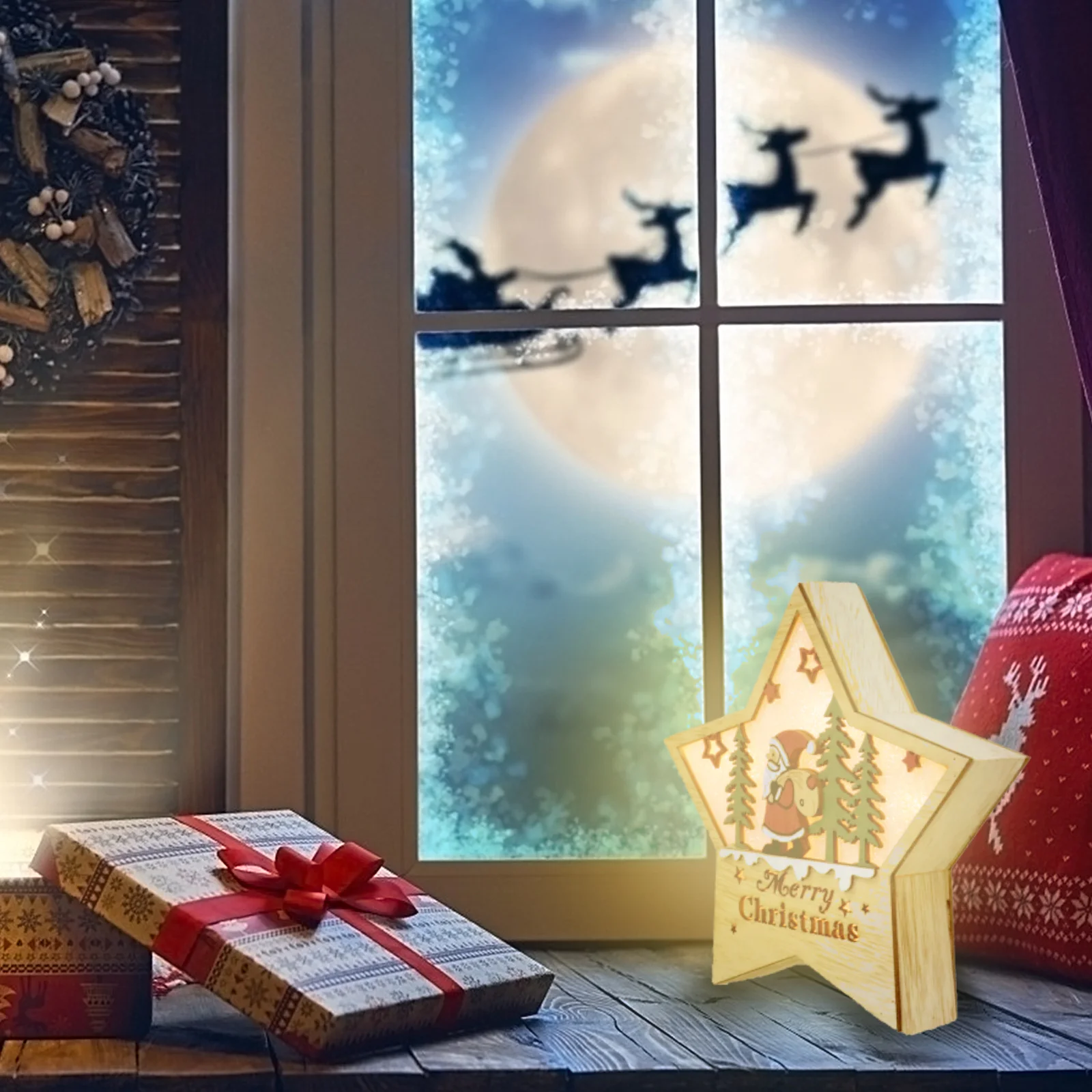 

1Pcs Christmas Decorative Wood Ornament Light Up Star Design for Xmas Home Shop Office Desktop Wood Adornment Light Up Ornament