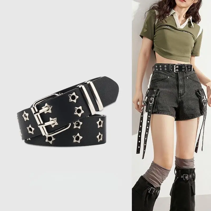 1 Stück schwarzer Kunstledergürtel mit silbernen Sternnieten und Doppelstiftschnalle für Punk-Streetwear, lässige Alltagskleidung – Detail 4