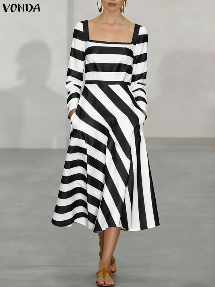 

Плюс размер 5XL VONDA элегантные полосатые платья женские с длинным рукавом с квадратным воротником повседневный сарафан миди уличная одежда свободные вечерние платья