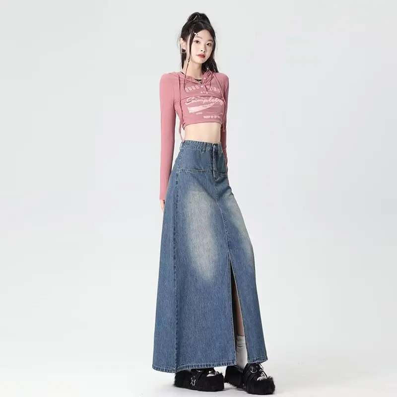 

Elegant Woman Y2k Long Denim Women's Skirts Kawaii Blue Skirt Vintage Harajuku Korean Clothing Long Maxi Jean Skirt Streetwear