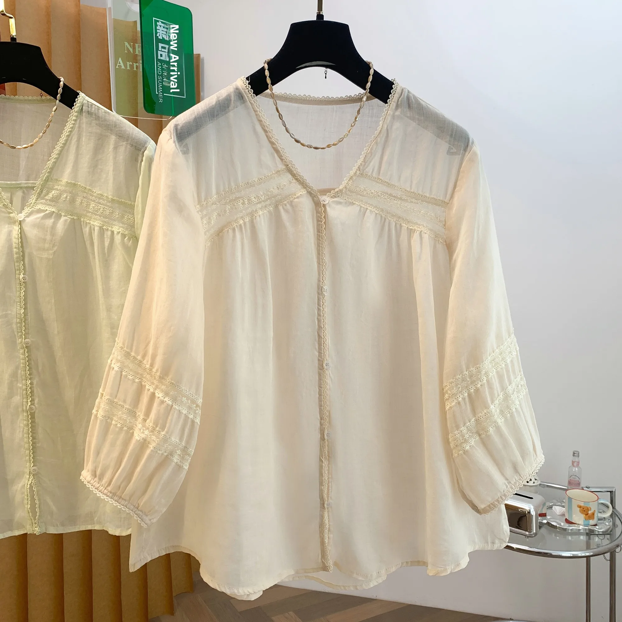 

Loose Cotton Linen V-Neck Patchwork Shirt for plus Size Women Summer New Style Breathable Comfortable Artistic Commute Style