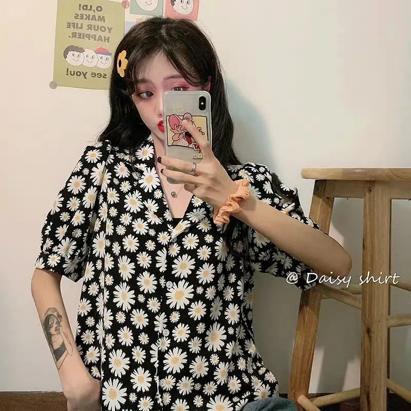 Vintage Floral Top Shirt Summer New V Neck Short Sleeve Loose All-match Youth Blouse Casual Fashion Korean Women Clothing