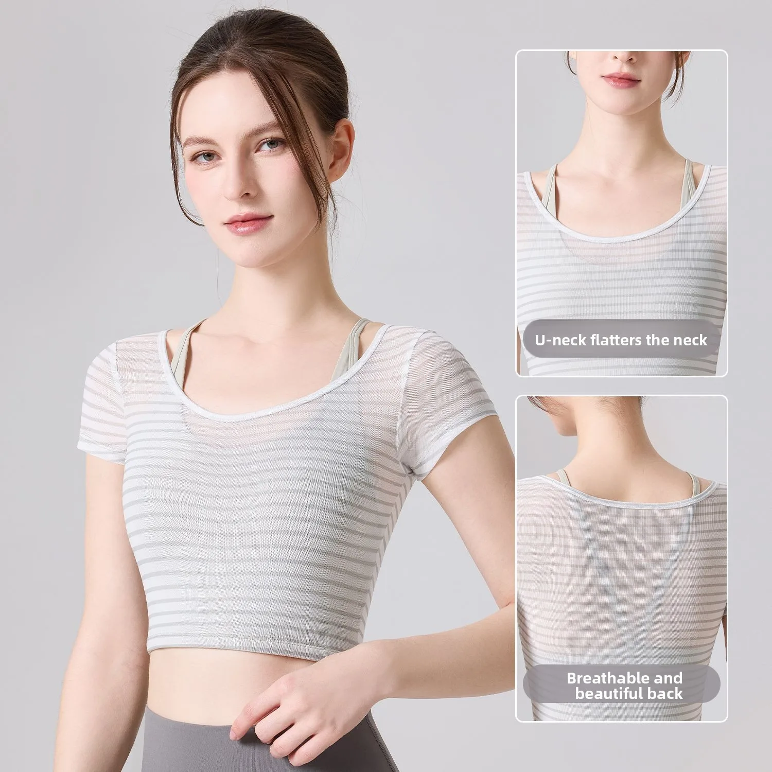 Summer New Slim Fit and Slimming U-neck Short Sleeved Mesh Quick Drying Slightly Transparent Back Sports Sling